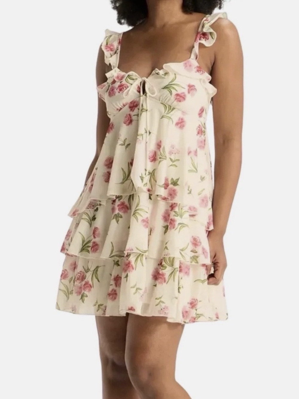 Wild Fable Women's Printed Ruffle Layered Mini Dress, Size L Pink Floral
